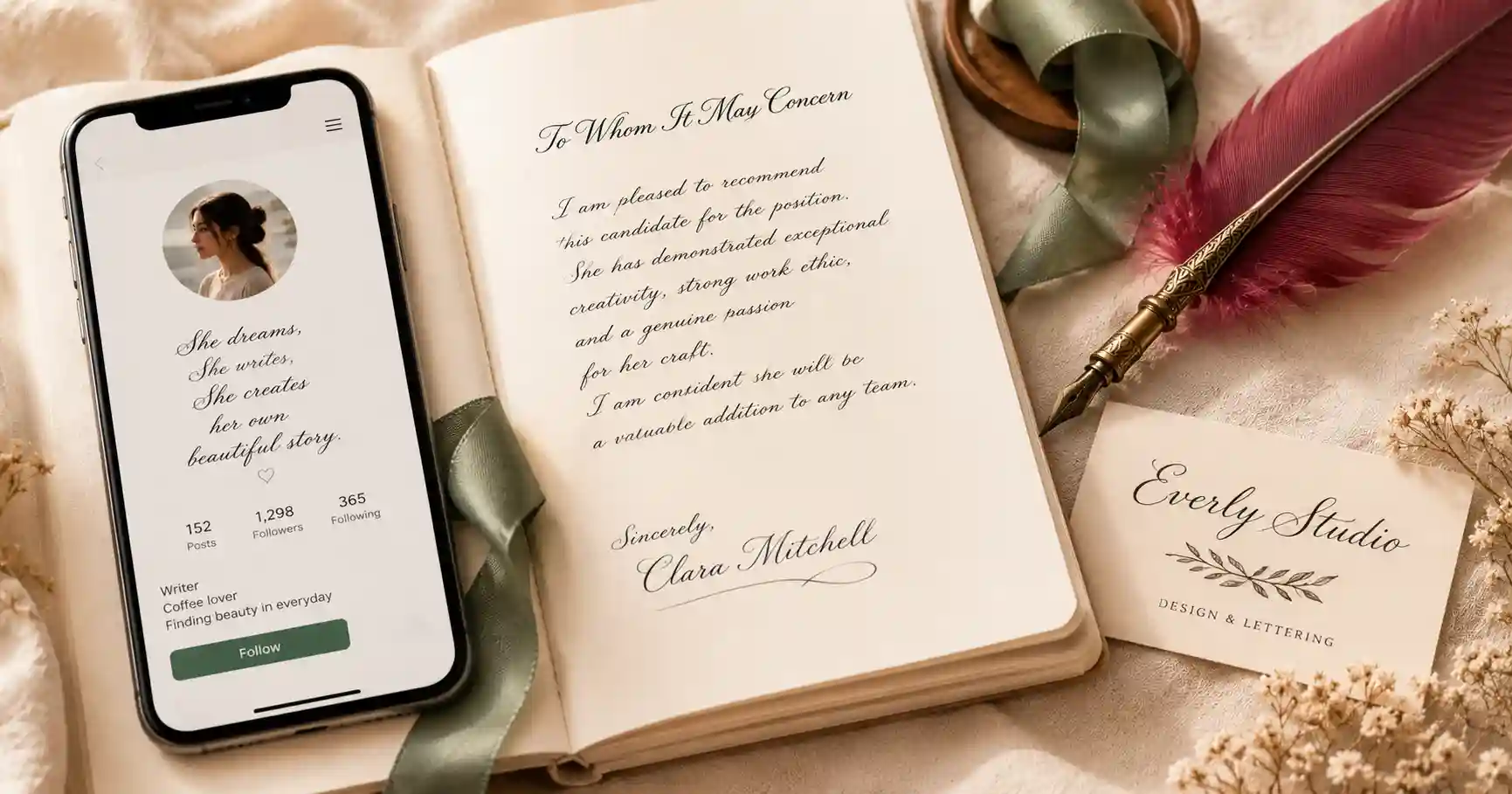 Cursive fonts displayed across Instagram, documents and design apps
